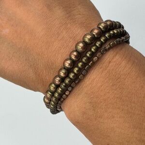 Vintage Bronze Tone Multi Strand Beaded Stretch Bracelet Stack Boho Layered